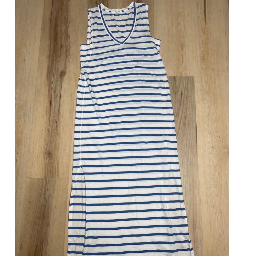 Rag & Bone Blue White Striped Sleeveless V-Neck Maxi Dress XS Lyocell Cotton